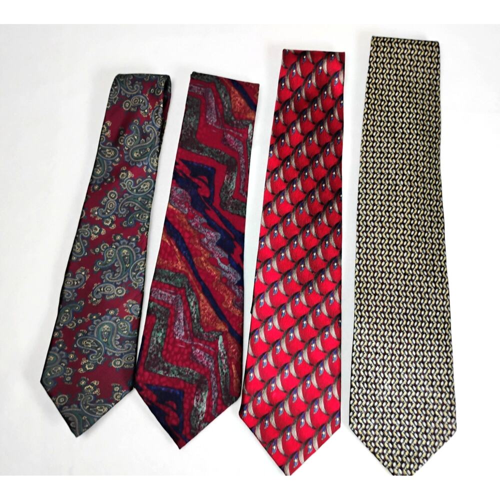 Set of 4 Preppy Classic Patterned Ties Red Burgundy Multi 100% Silk Made in USA